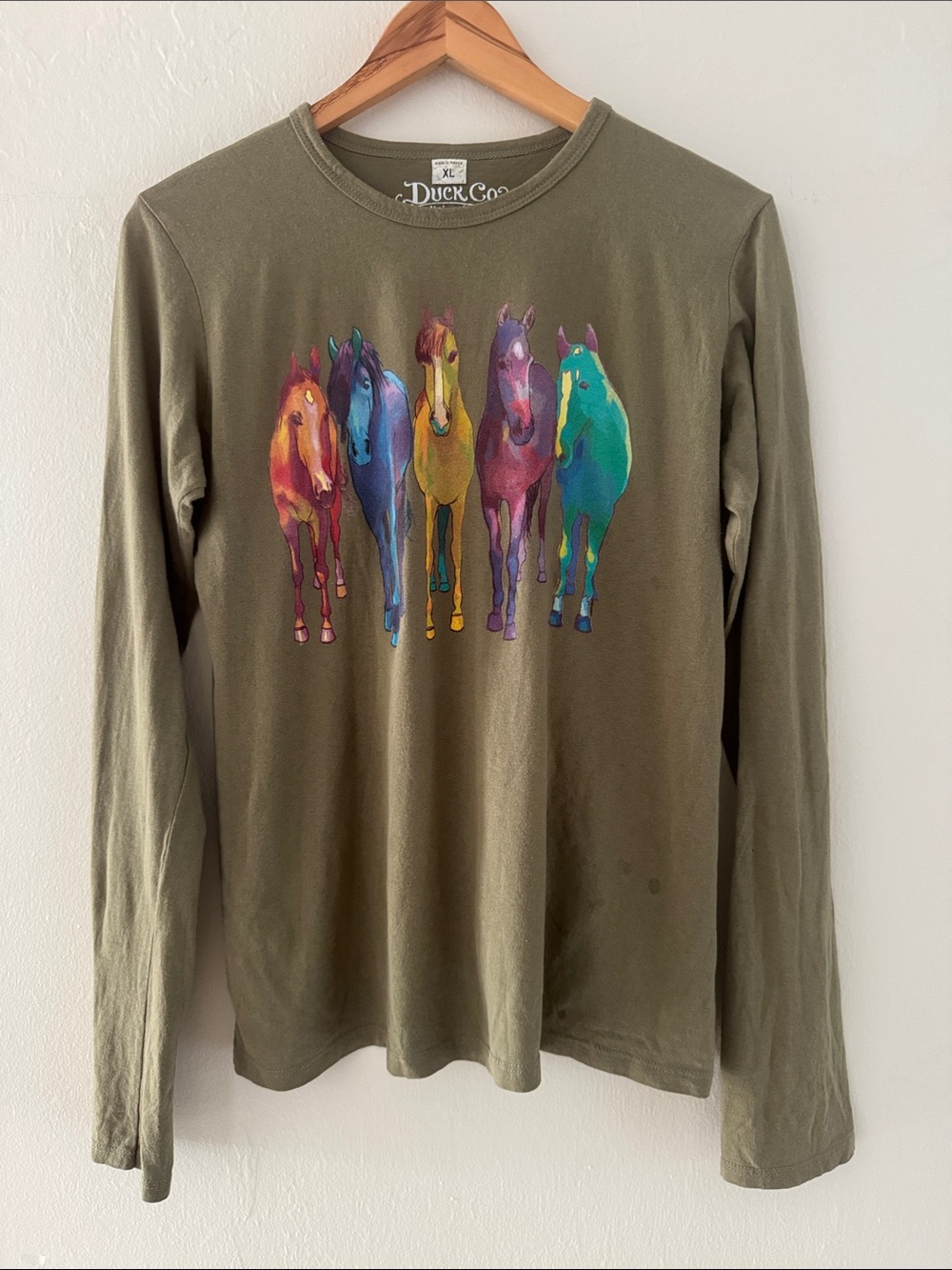 Duck Co Tubac AZ Colorful Horse Mare Foal Graphic T Shirt Women's XL Olive Green